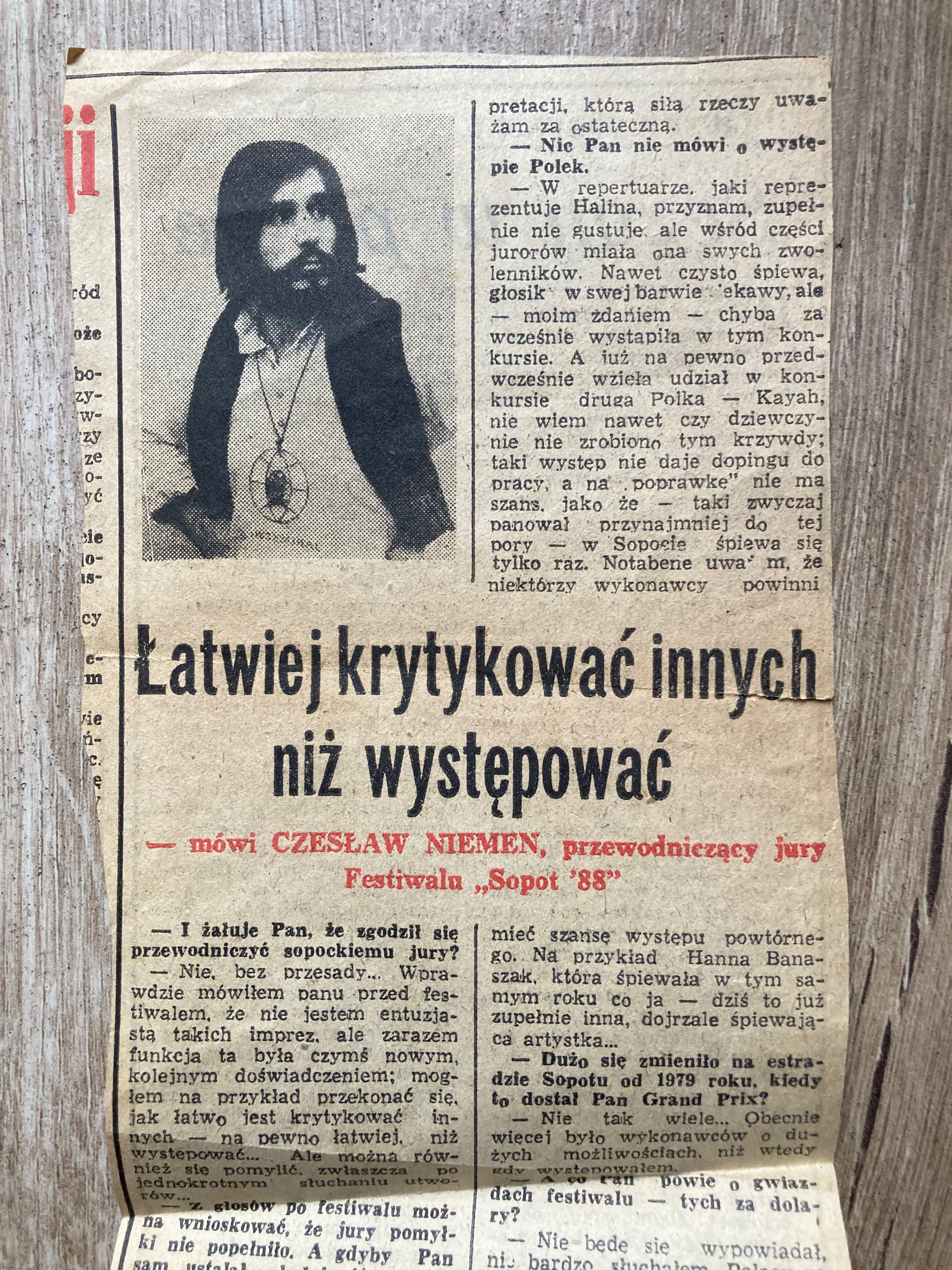 Czesław Niemen, artykuł z 1988 r. Festiwal Sopot 1988, retro, PRL