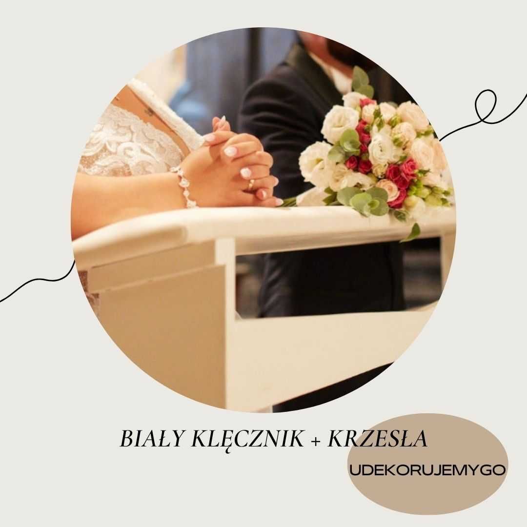 Dekoracje kościoła - klęcznik, krzesła, biały dywan i inne