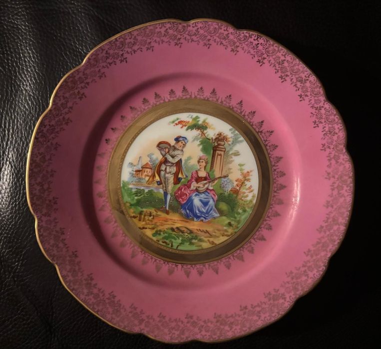 Prato decorativo VINTAGE-estilo romântico rosa com fio de ouro pintado