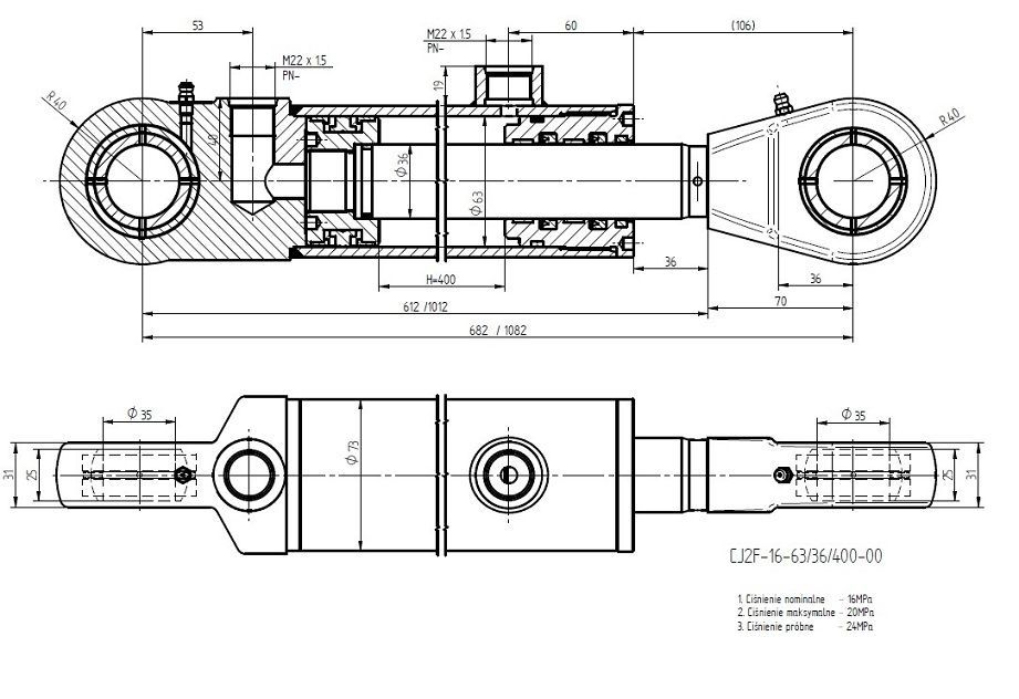 Siłownik hydrauliczny wysuw 400 mm-chwytak , krokodyl itp - VAT 23