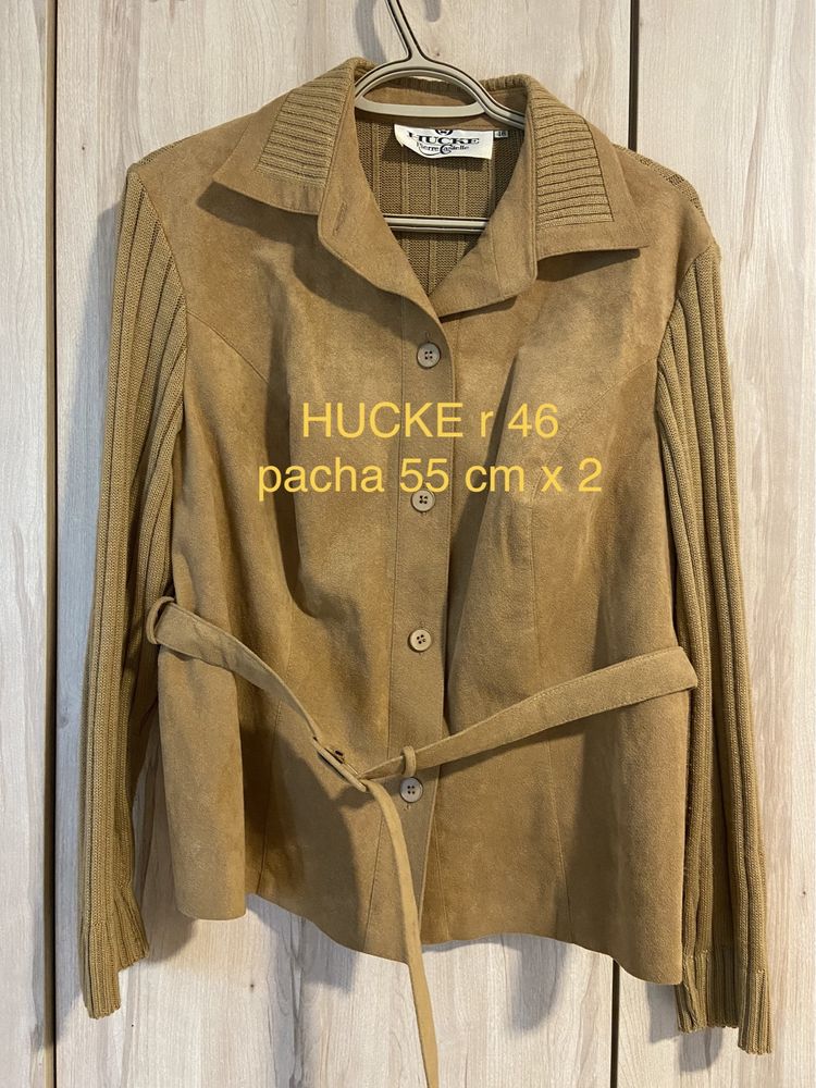 Hucke rozm 46 brązowy camel zamsz sweter mix żakiet damski Vintage z p