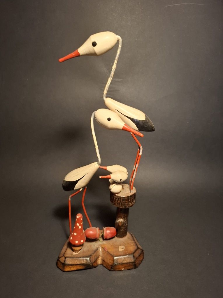 Figurka bociany drewno metal cepelia prl
