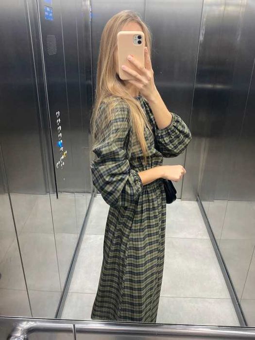 Sukienka H&M 34 XS w kratę midi długa z rozcięciem marszczona