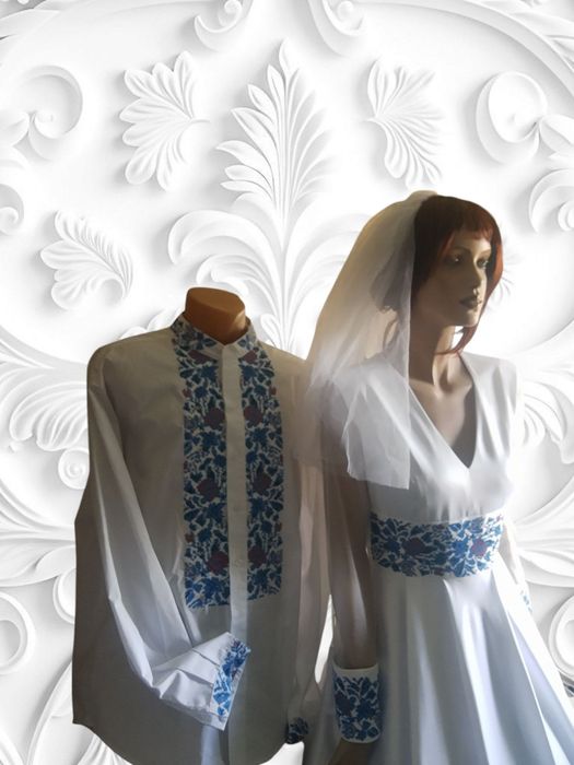 Вишиті в одному стилі весільна сукня ( розмір S) і сорочка (розмір М)
