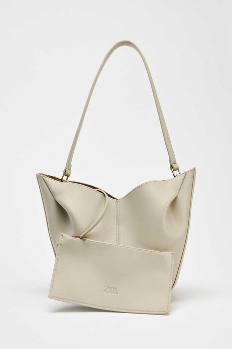 Torebka ZARA ecru kremowa mała 6204/610 TORBA SHOPPER Z MARSZCZENIAMI