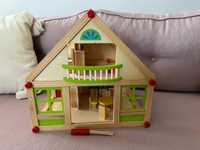 Domek dom drewniany do zabawy z meblami i laleczkami
