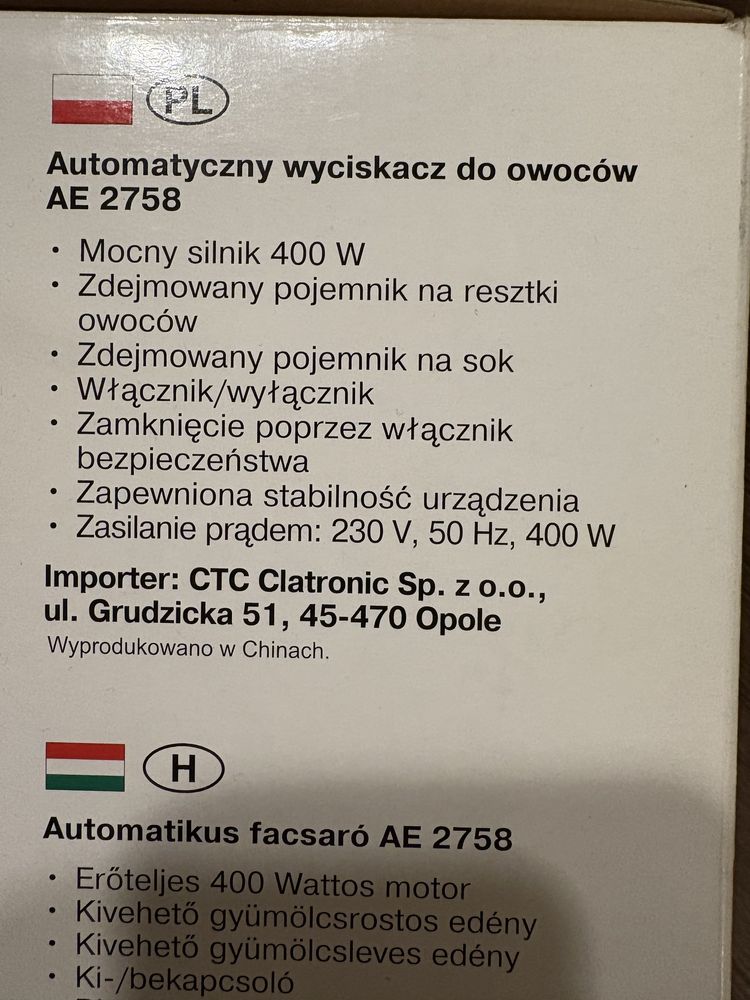 Sokowirówka. Wyciskacz do owoców. Clatronic AE2758