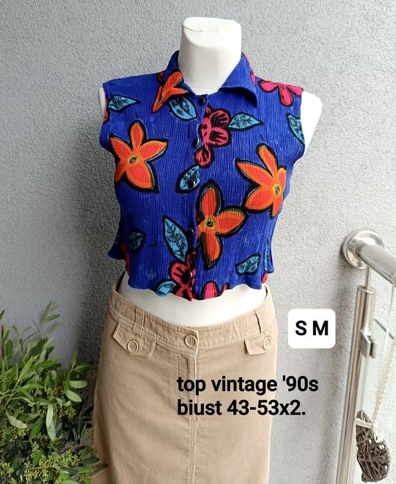 Blouse top '90s vintage S M L biust 43-53x2 kolorowa kwiaty