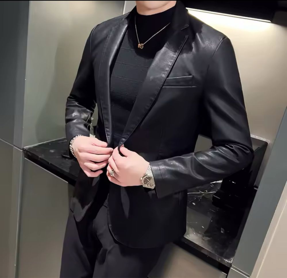 Męska marynarka skórzana modna czarna casual elegancka