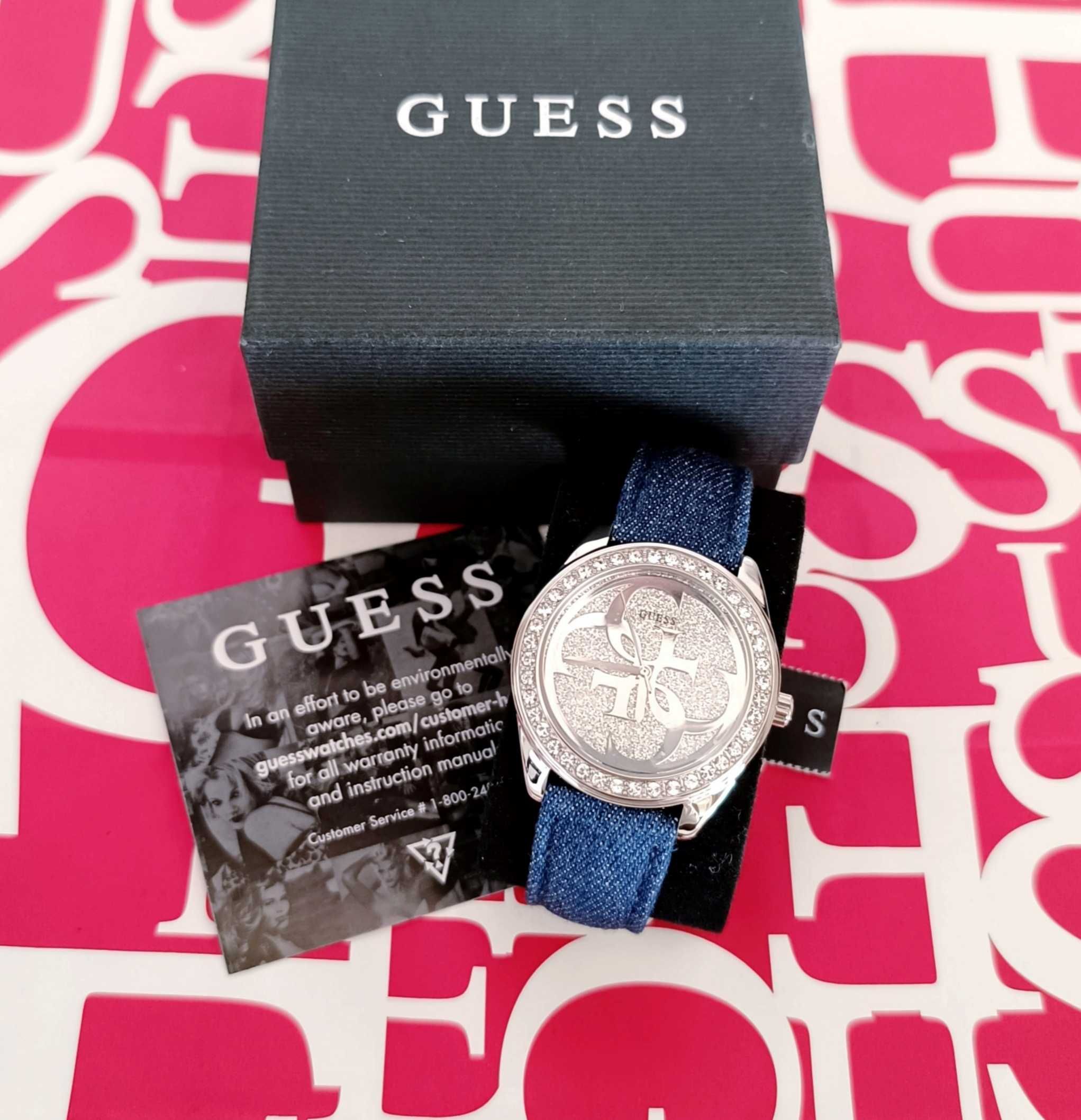 GUESS 4G Oryginalny Zegarek Cyrkonie Skorzany Denim Jeans Dzinsowy