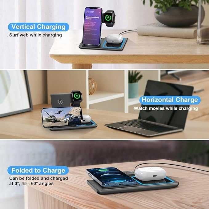 Bezprzewodowa Stacja Ładowania 3w1 do iPhone Apple Watch Airpod Różowa