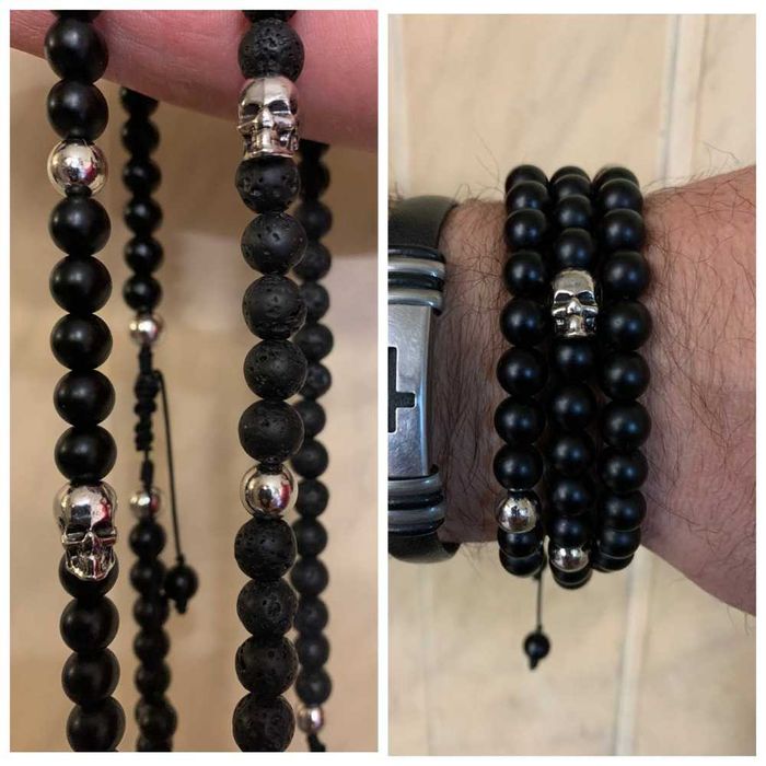 Мужские стильные Четки Браслет Бусы Лава Шунгит череп