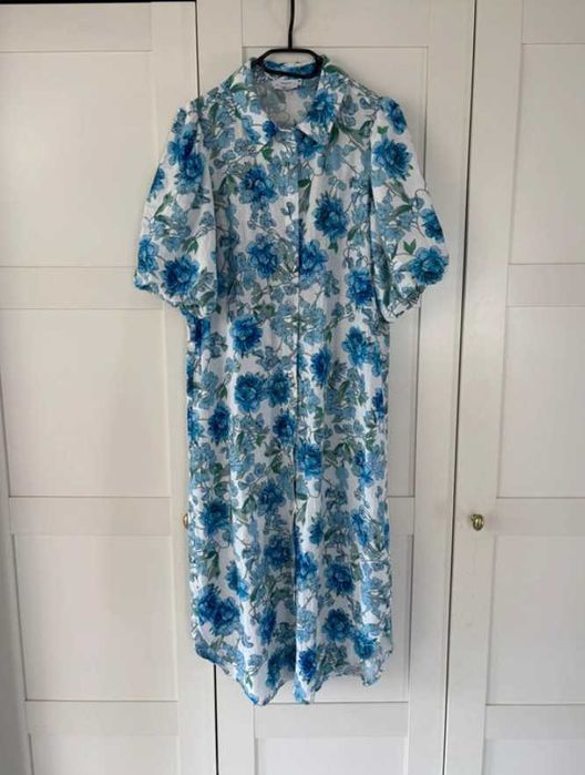 Reserved lniana kolorowa sukienka midi w kwiaty L/XL