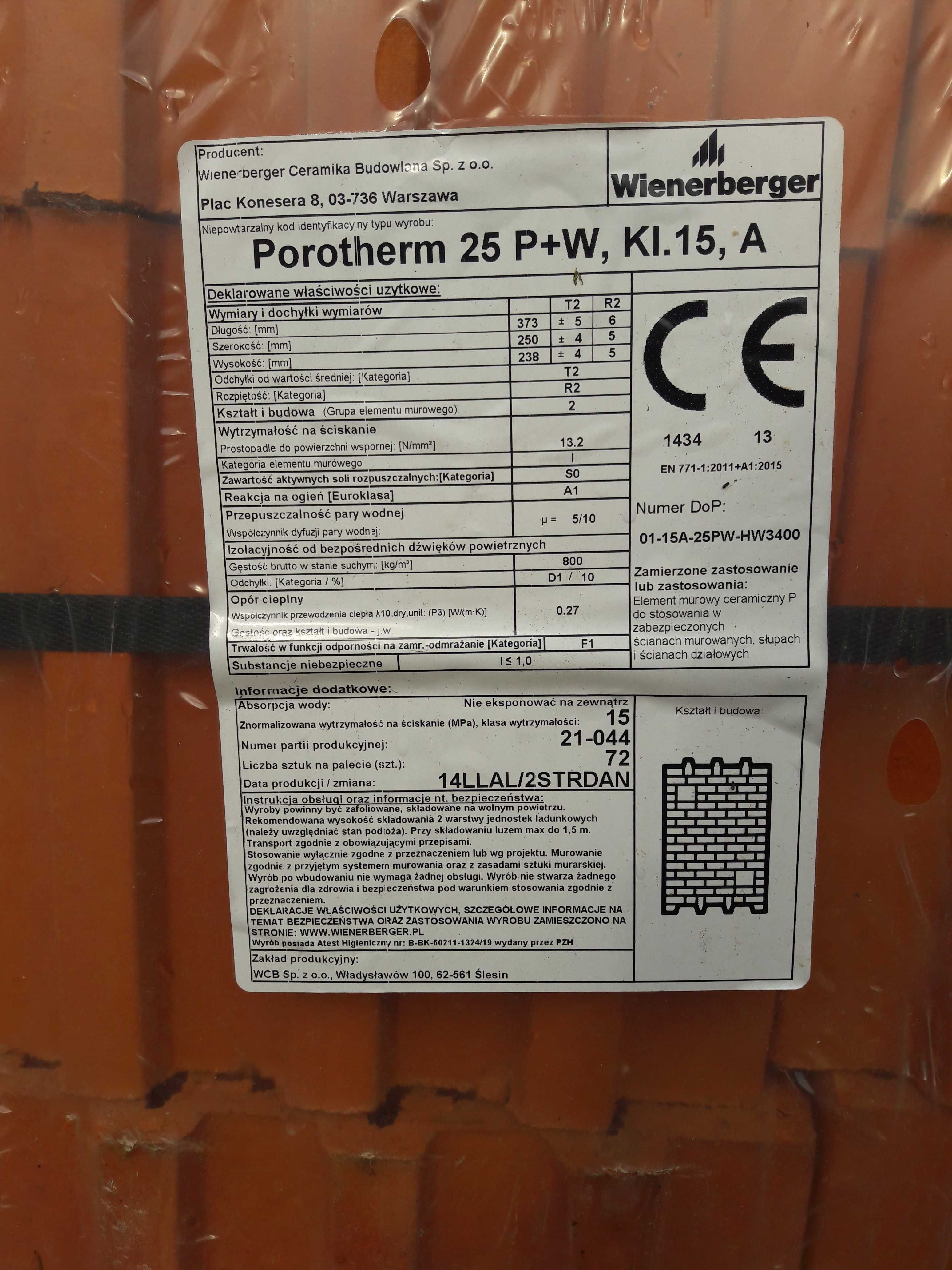 Pustaki ceramiczne Wienerberger Porotherm 25 P+W, Kl.15, A / Stal