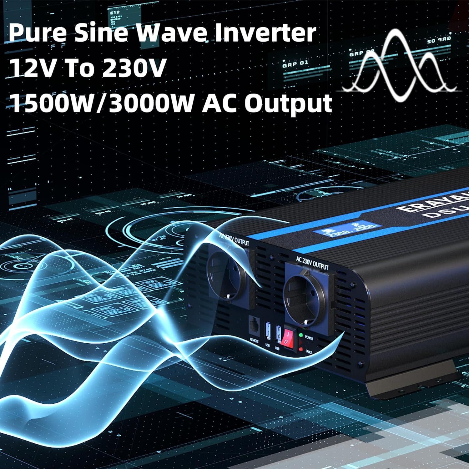 Inversor de Onda Pura 12V/230V 1500W/3000W com Controlo Remoto