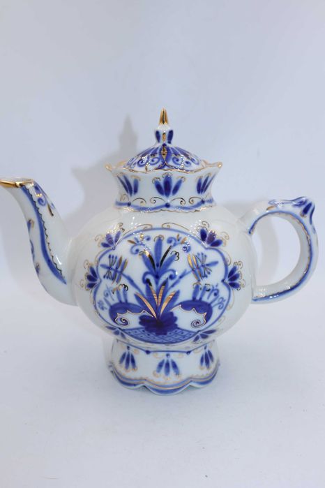 Dzbanek Łomonosow, porcelana rosyjska kobalt biel złoto L