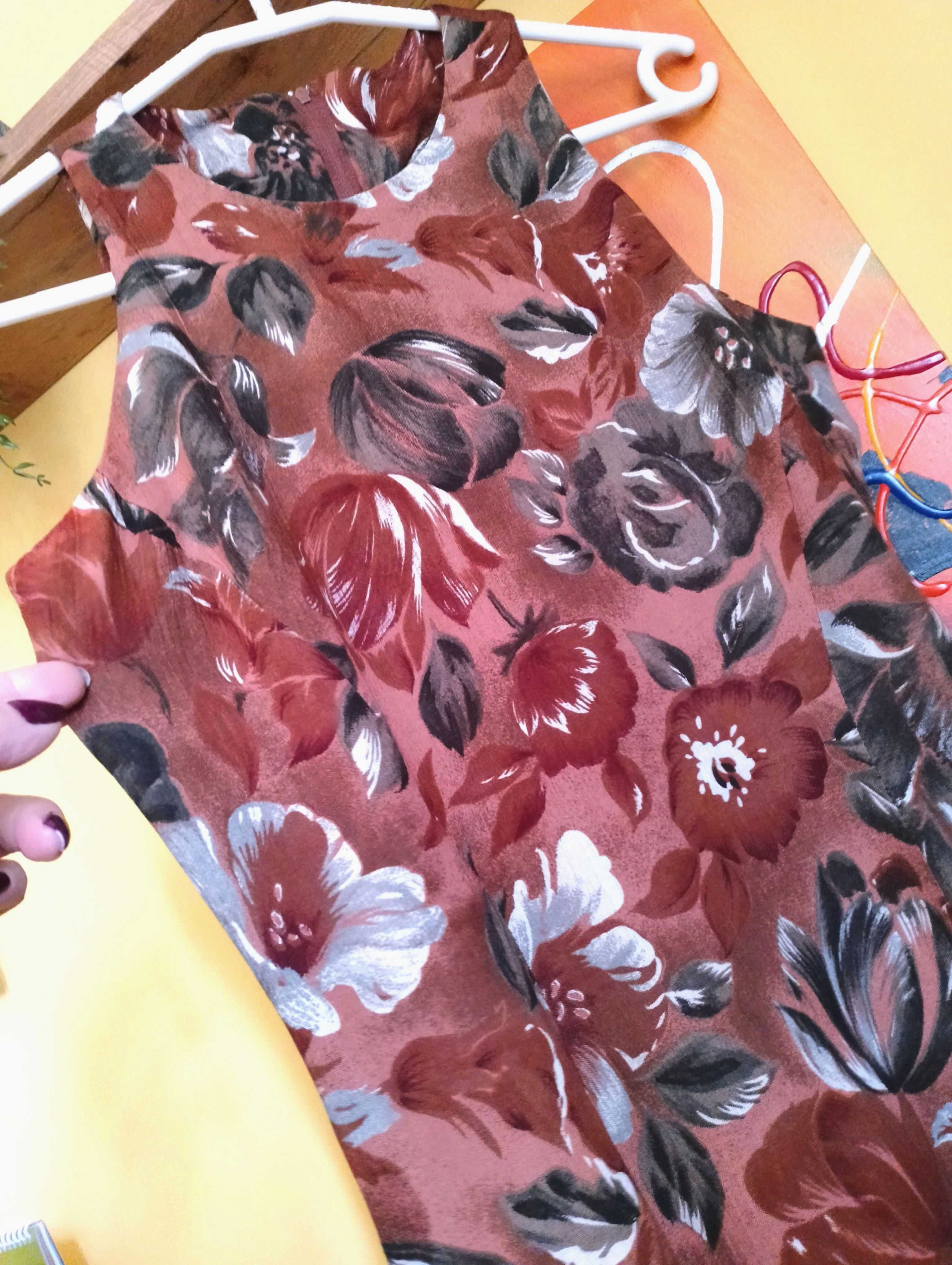 nowa sukienka mini brązowa w kwiaty 36 38 S M