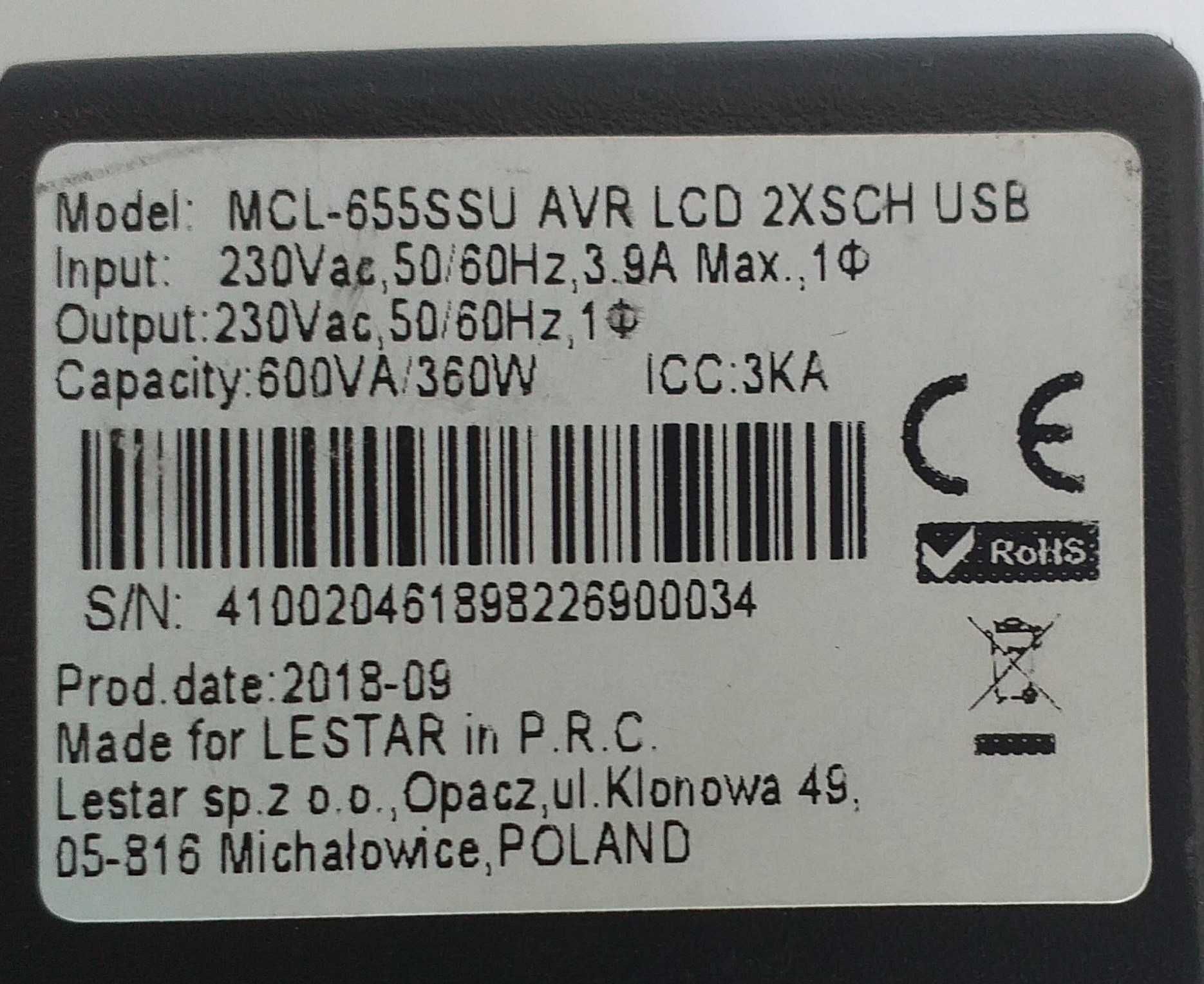 UPS LESTAR MCL-655ssu pomiar, wyświetlacz negatywowy, z używanym aku