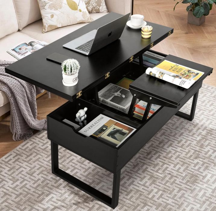 Stolik kawowy z podnoszonym blatem, stolik 3 w 1 z ukrytym schowkiem,