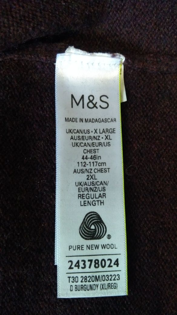 Светр джемпер з вовни кольору бургунді Marks&Spenser 
Extra Fine Lambs