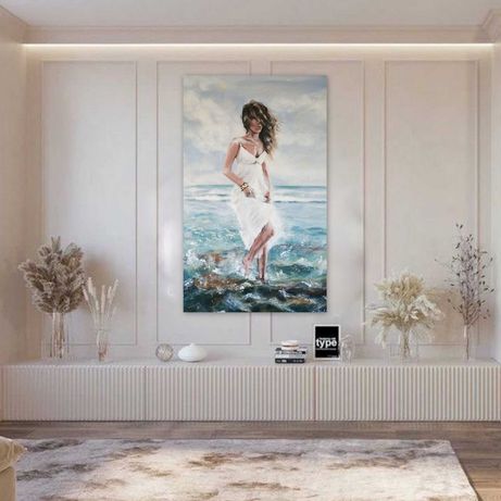 Obraz ręcznie malowany, duży, kobieta, morze