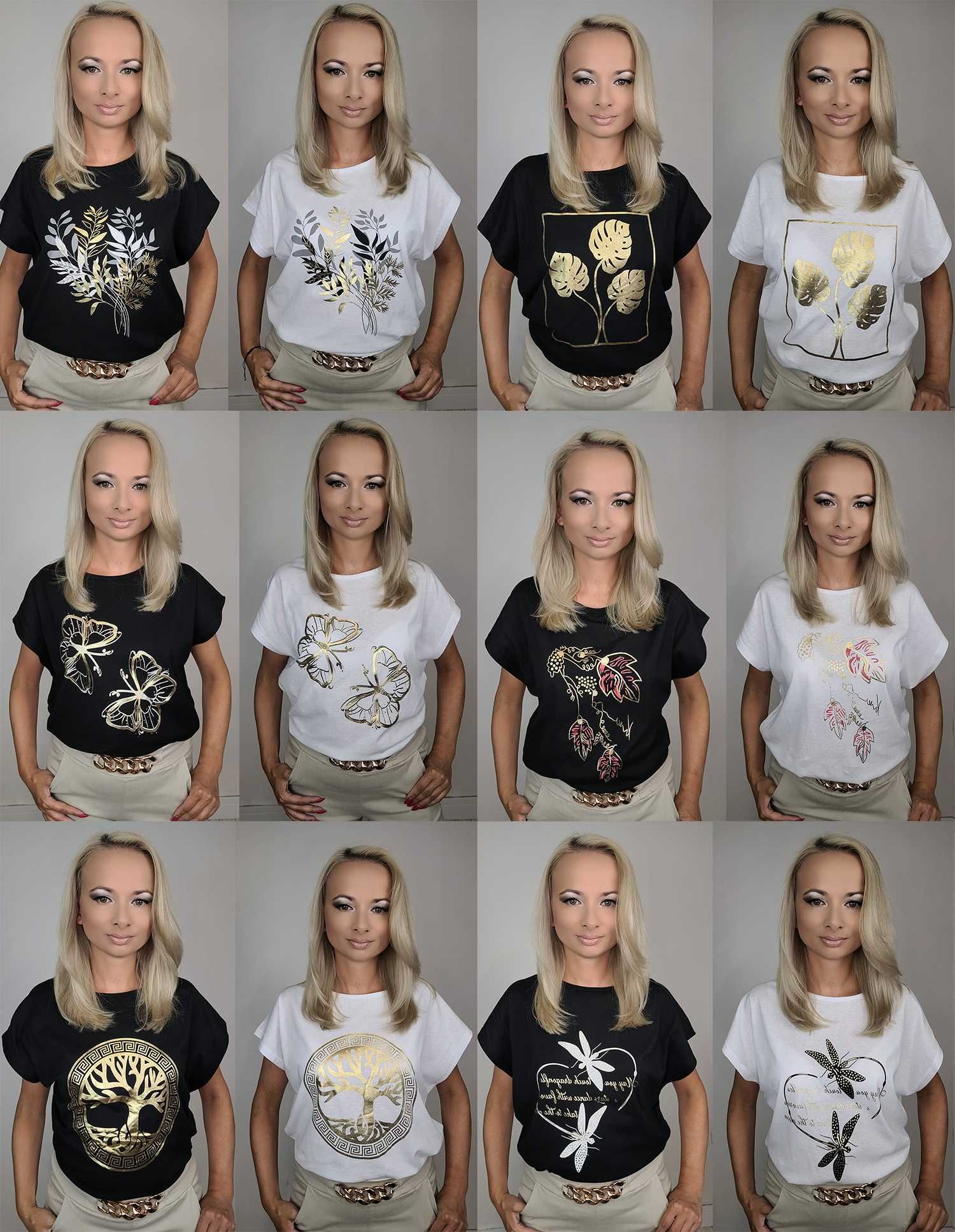 NOWY T-shirt koszulka damska BIAŁA ze złotym zdobieniem roz. 4XL