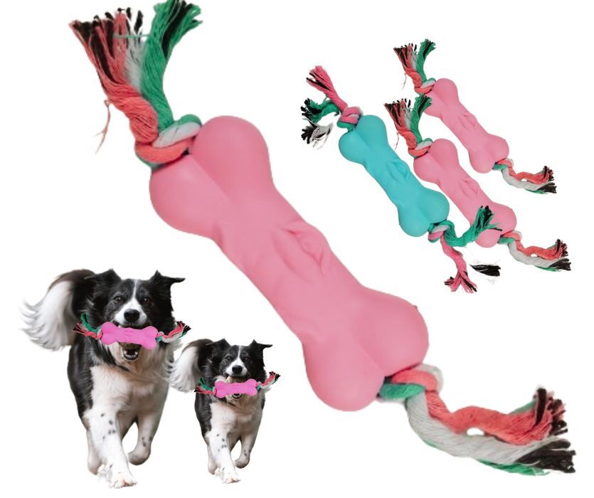 Kość dla psa ze sznurkami  gumowa zabawka aport 12 cm różowa