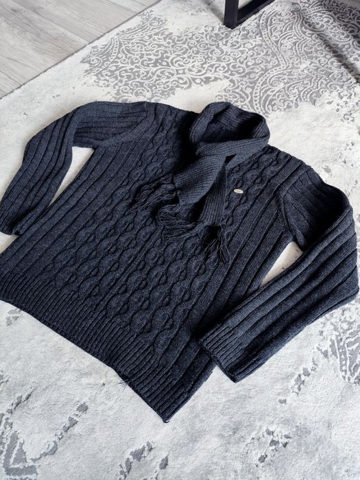 Sweter warkocz kołnierz szalik 50% wełna Yeni Bectas triko L