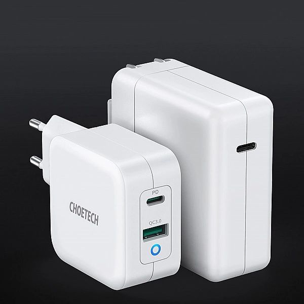 Choetech szybka ładowarka sieciowa GaN USB Typ C PD USB-A QC3.0/65W 3,