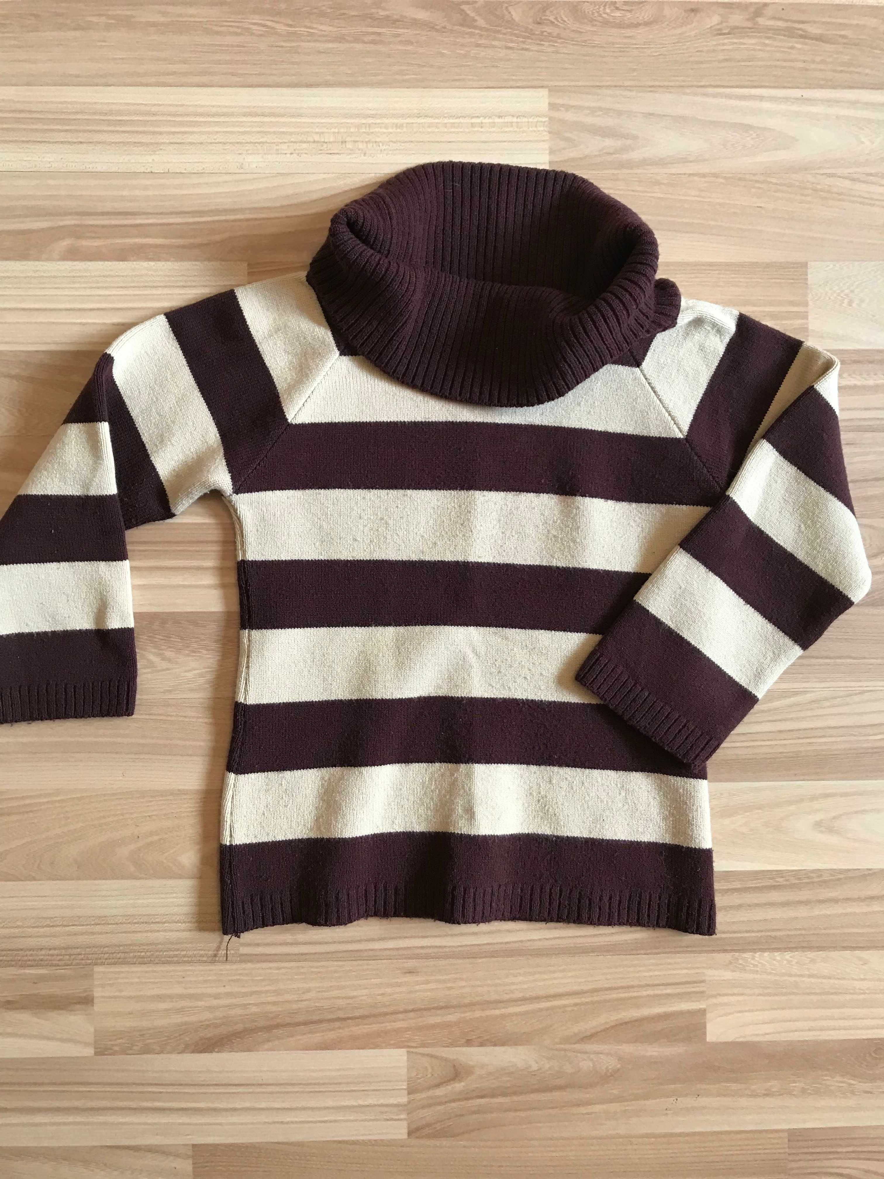 Sweter w paski pasy rękaw 2/4 czekoladowo-kremowy r. 36 vintage retro