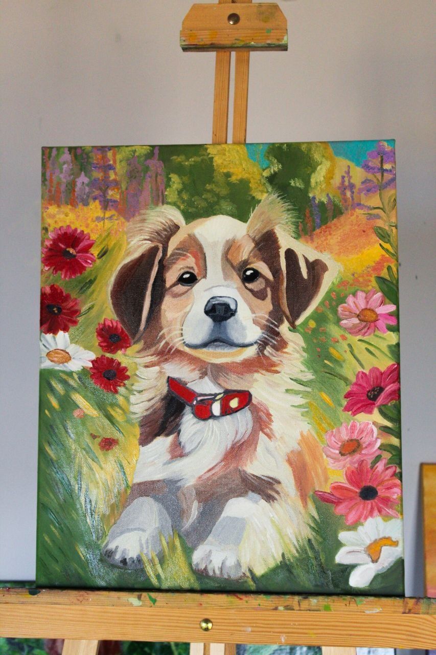 Картина маслом с собакой в цветах
