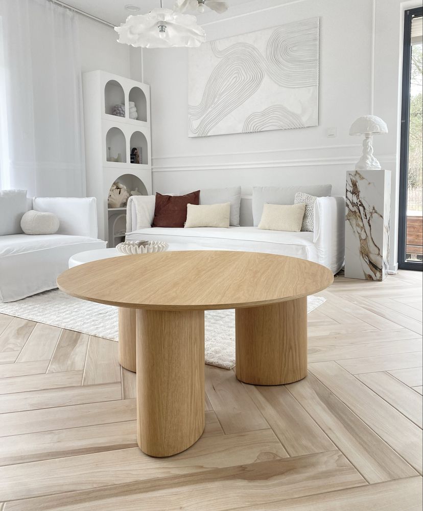 Okrągły stolik kawowy ława 100cm nowoczesny design jasny dąb