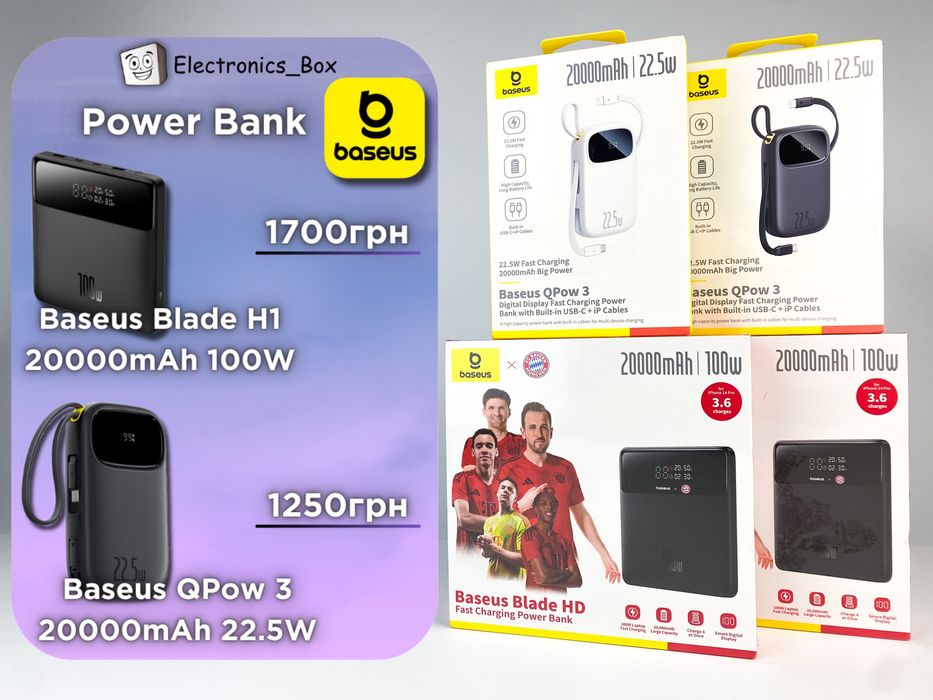 Нові Павербанки Baseus 20000mAh Blade H1 100W | 22.5W QPow 3