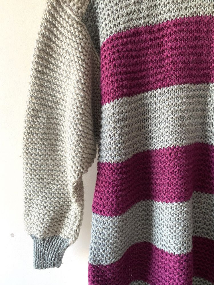 Długi gruby splot wełniany sweter sweterkowa sukienka pasy handmade