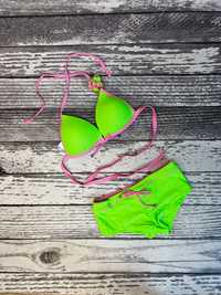 Strój kąpielowy bikini neon różowy zielony kwiat S i M
