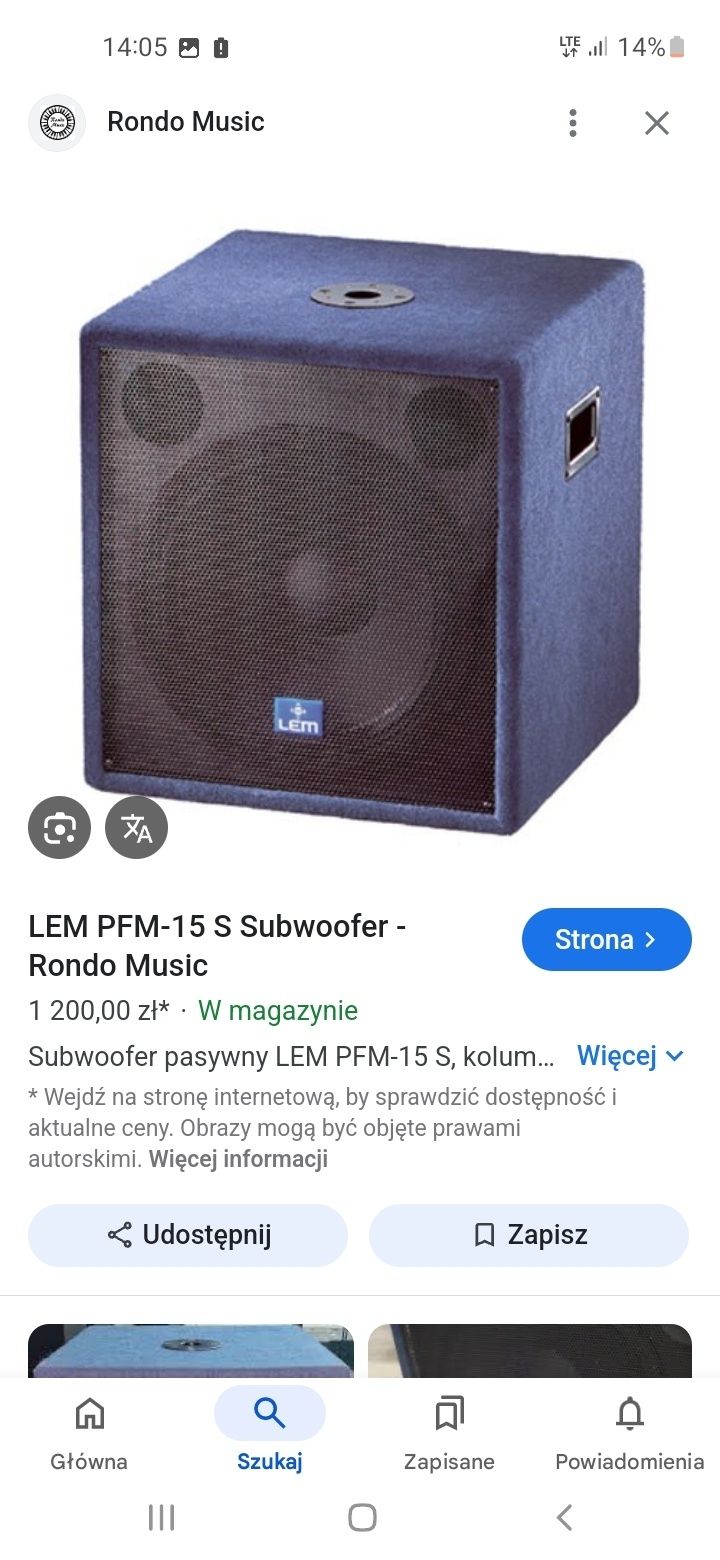 Subwoofer Estradowy  LEM - 15 , plus kolumny