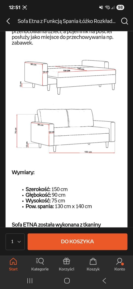 Szara sofa Etna rozkładana