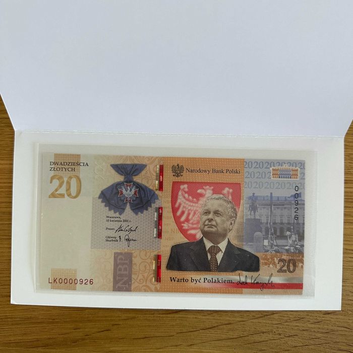 20 zł niski nr. 926 Kaczyński banknot kolekcjonerski 2021 NBP + FOLDER