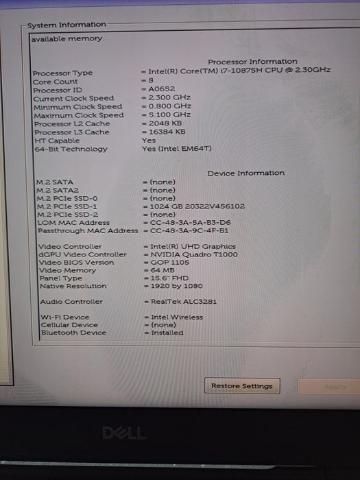 Laptop dell precision 7550 intel i7 10th gen