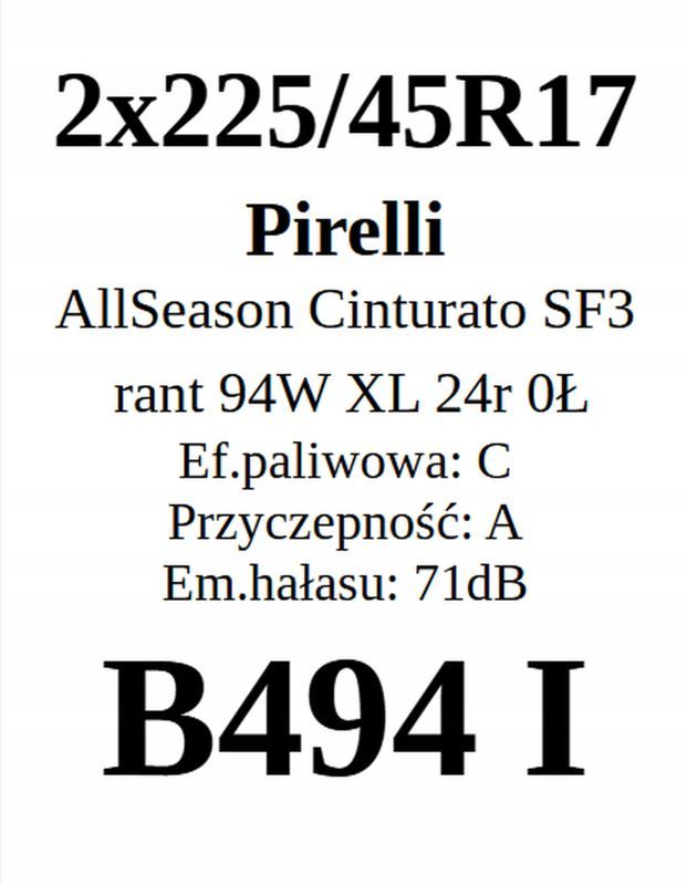 2x 225/45r17 Pirelli AllSeason Cinturato Sf3/2024r 6,22mm C/A/71dB Jak