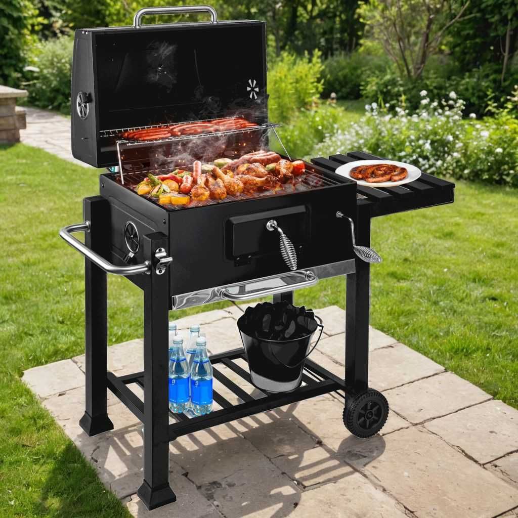 GRILL WĘGLOWY Duży Ogrodowy Pokrywa ŻELIWNY RUSZT Regulowany Półki BBQ