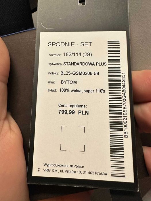 Nowe spodnie garniturowe BYTOM 182/114 – 100% Wełna - Okazja!