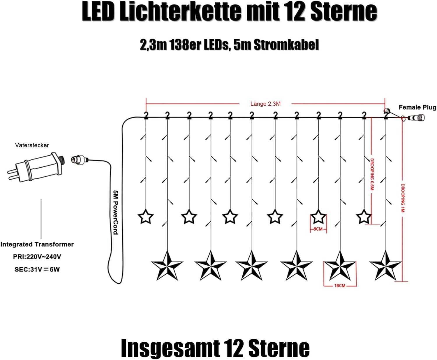 Lampki świąteczne, Kurtyna gwiazdowa LED, 12-gwiazdkowe Aj9