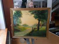 Obraz DUŻY malowany na płótnie PEJZAŻ WIEJSKI w ramie 104x85cm