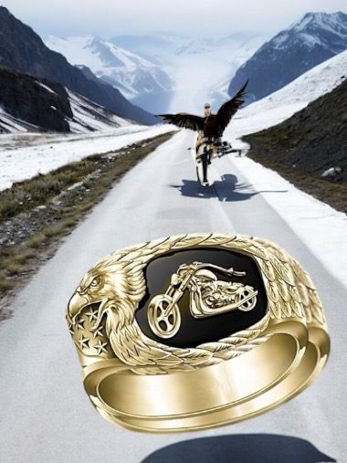 Pierścionek Sygnet Motocyklowy Z Głową Orła I Motocyklem Złoty R.26