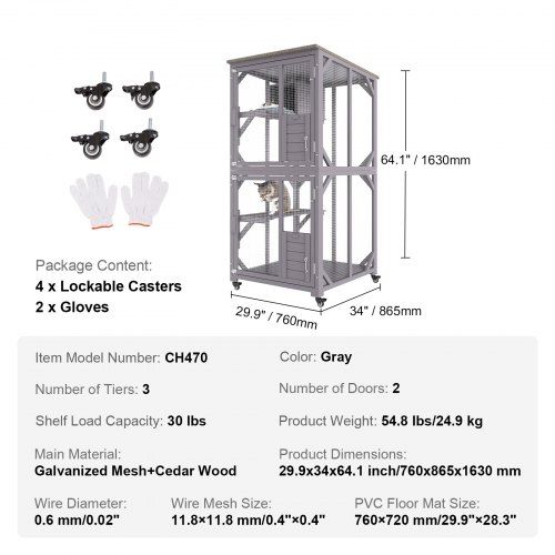 Gaiola para gatos  com 3 níveis e 1 porta para gatos 760x865x1630mm