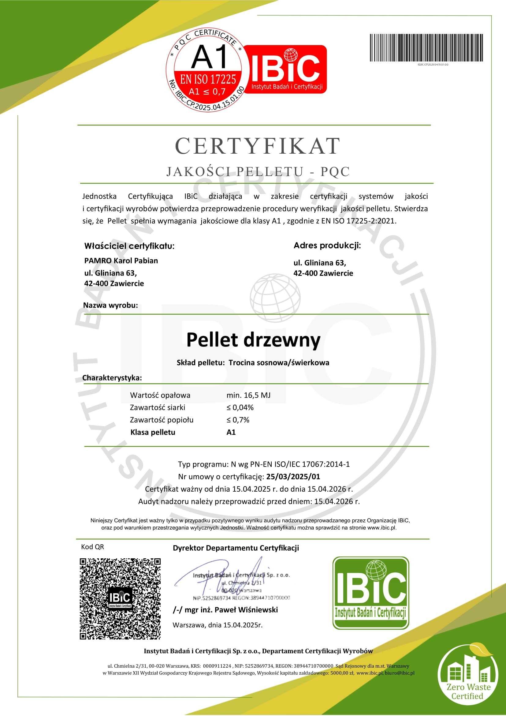Pellet, certyfikat A1   pelet PAMRO od producenta