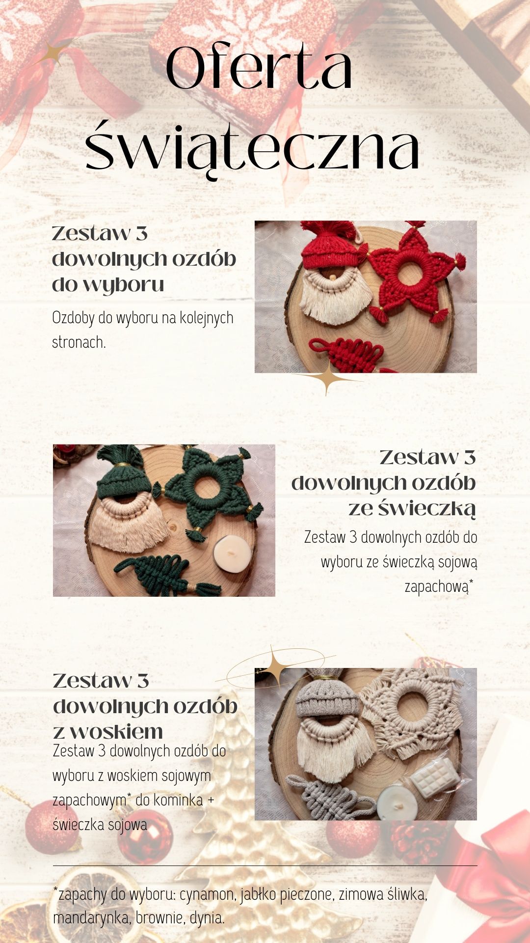 Świąteczny zestaw z makramy z woskiem, z 3 ozdobami do wyboru