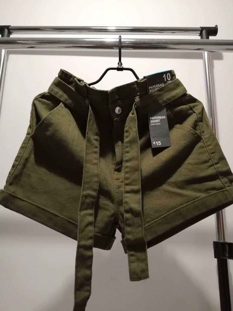 Shorty, krótkie spodenki z wysokim stanem khaki zielone 38 nowe