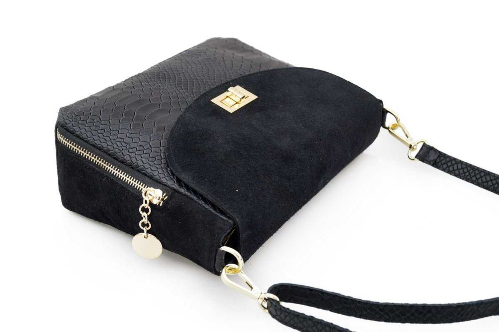 VERA PELLE torebka damska zamszowa listonoszka z paskiem V290 czarna